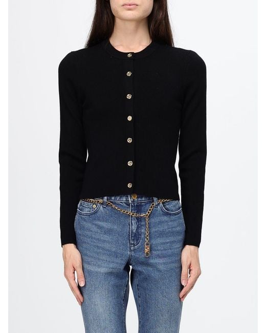 Michael Kors Black Merino Wool-Blend Crewneck Cardigan With Button Closure