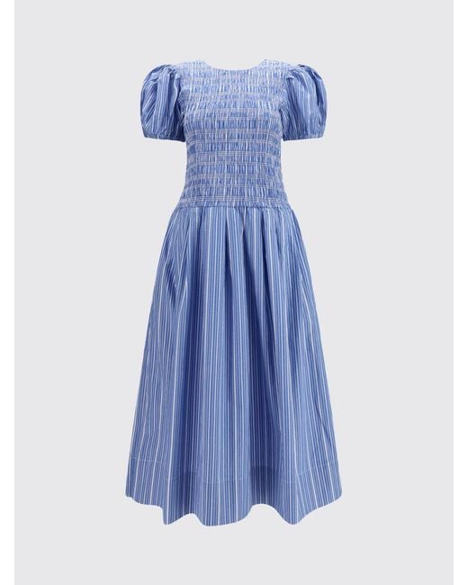 Ganni Blue Striped Cotton Midi Dress With Puff Sleeves
