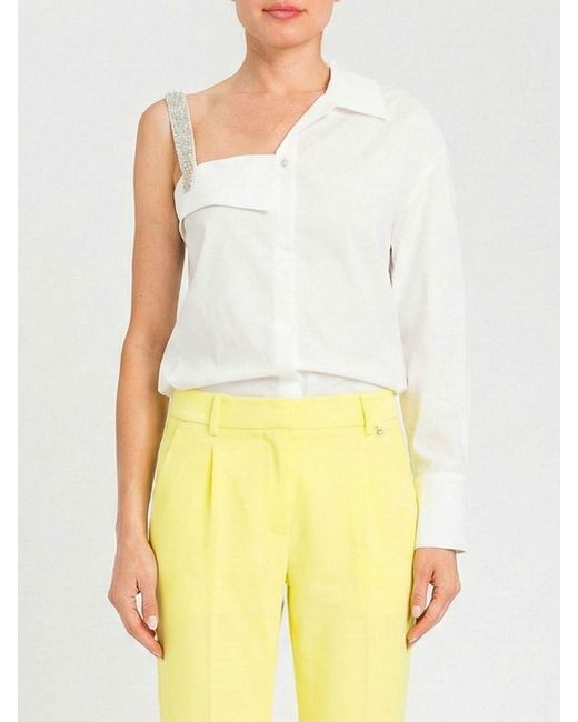 Twinset Yellow One-Shoulder Cotton Shirt With Rhinestones