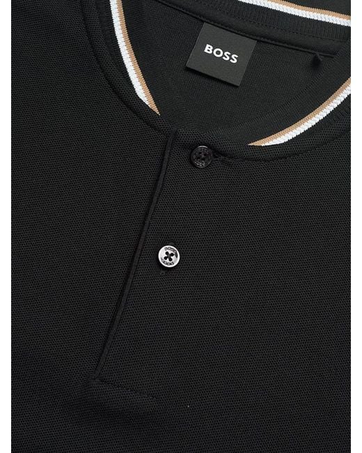 Boss Black Cotton Polo Shirt With Striped Collar for men
