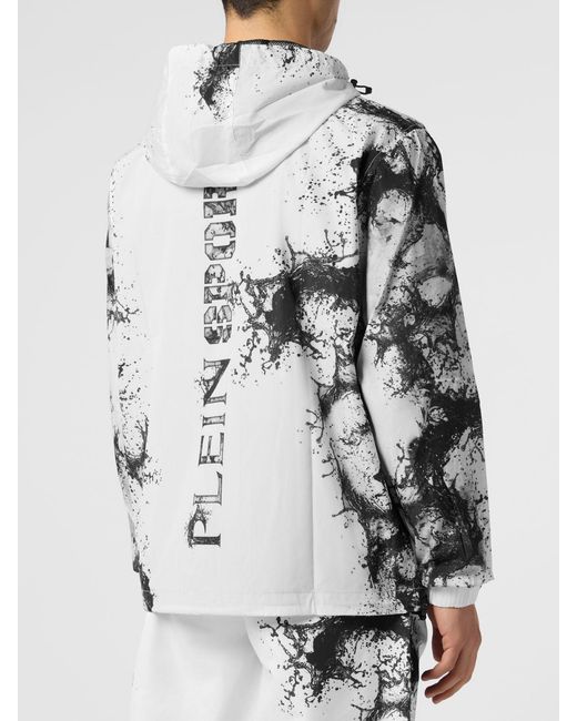 Philipp Plein White Hooded Windbreaker Jacket With Abstract Print And Logo for men