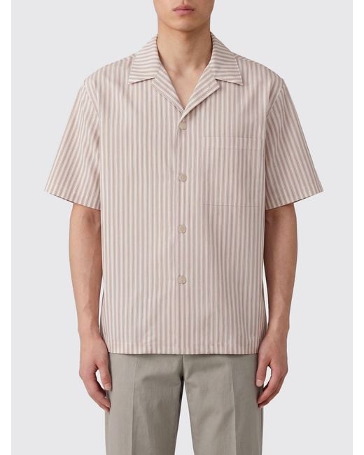 Hevò Natural Striped Cotton Bowling Shirt With A Cuban Collar And Patch Pocket for men