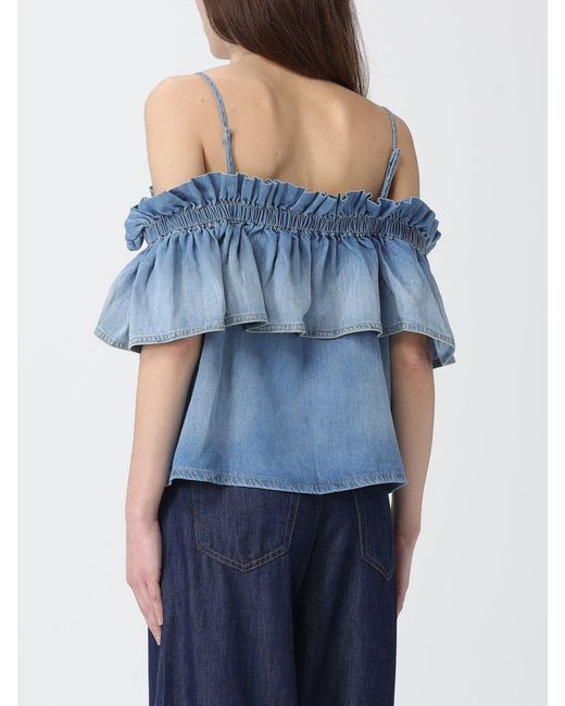 Pinko Blue Cotton Top With Ruffles