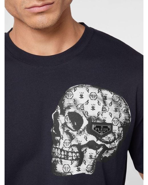 Philipp Plein Blue Cotton T-Shirt With Skull Print And Hexagon Logo for men