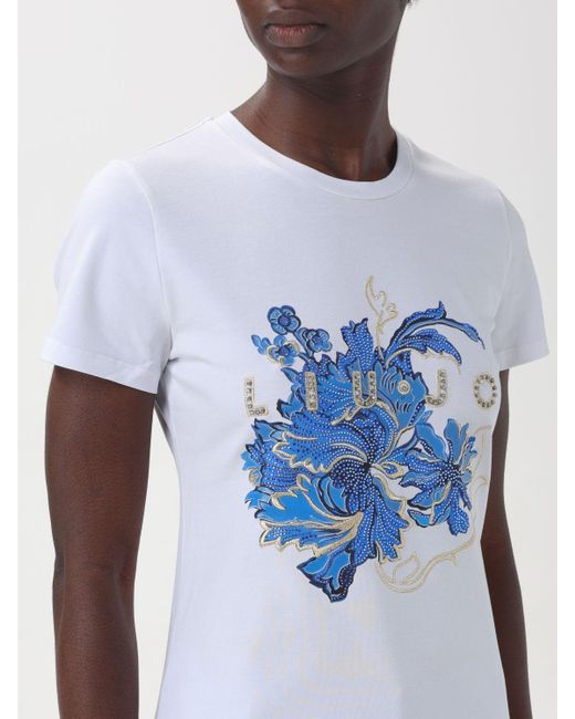 T-shirt in cotone con logo e strass di Liu Jo in Blue