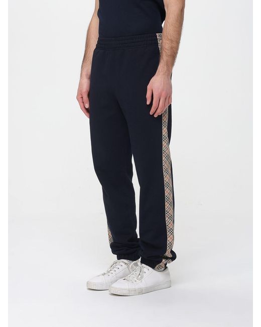 Burberry Blue Cotton Jogging Pants With Check Bands for men