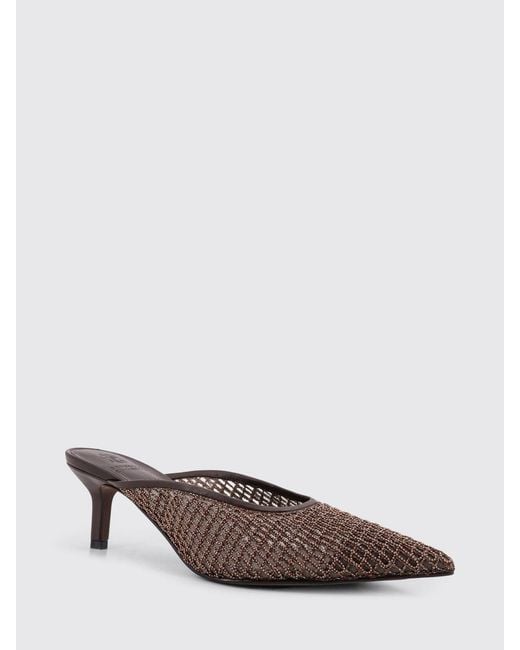 Brunello Cucinelli Brown Mesh Nylon Mules With Monile And Leather