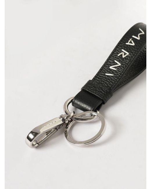 Marni White Embroidered Logo Hammered Leather Keychain for men