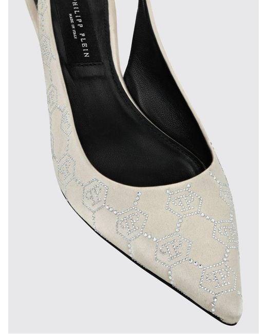 Philipp Plein White Satin Slingback Pumps With Hexagon Logo And Mid Heel