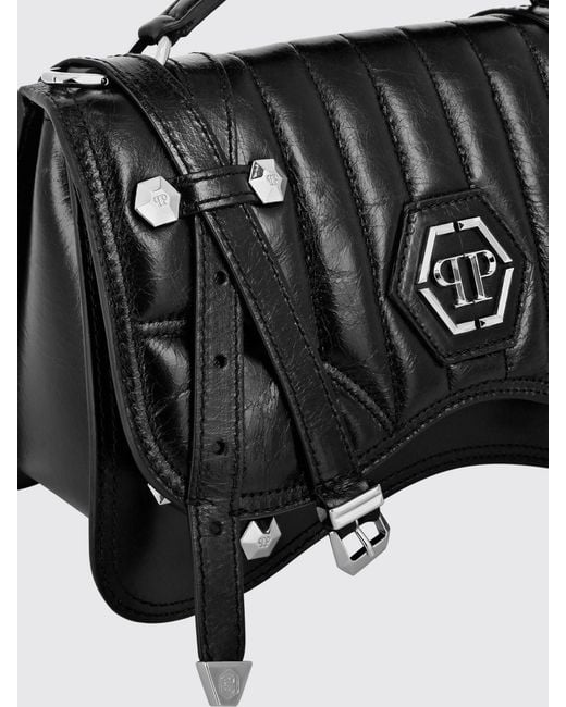 Philipp Plein Black Matelassé Leather Handbag With Hexagon Logo And Studs