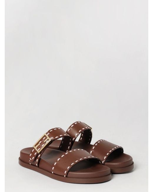 Fendi Brown Feel Leather Slippers With Contrast Stitching