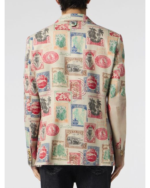 Billionaire Natural Single-Breasted Linen Blazer With Graphic Print And Lapel Collar for men