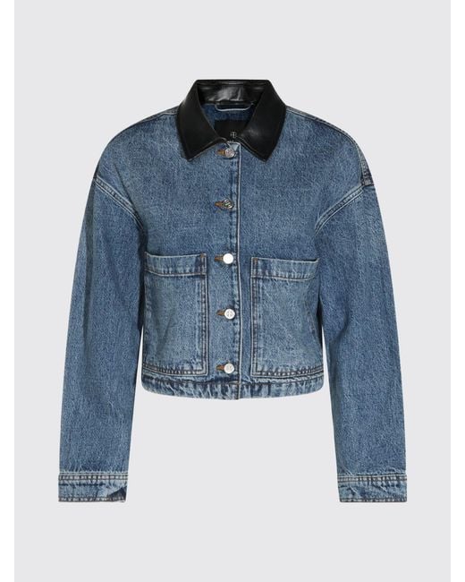 Anine Bing Blue Denim Jacket With Leather Collar And Dropped Shoulders