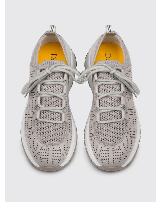 Doucal's White Perforated Leather And Crochet Knit Sneakers