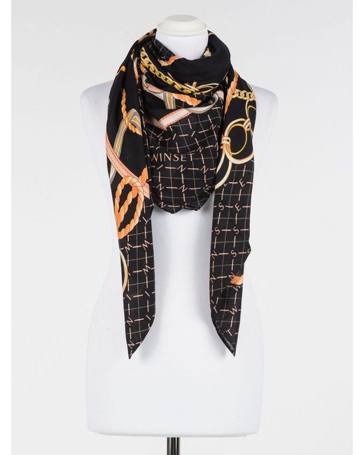 Twinset Black Viscose Scarf With Chain Print