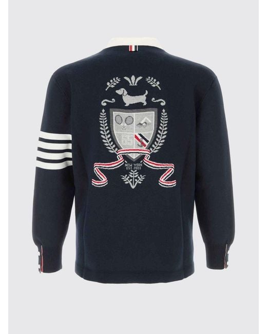 Thom Browne Blue Cotton Blend Cardigan With Crest for men