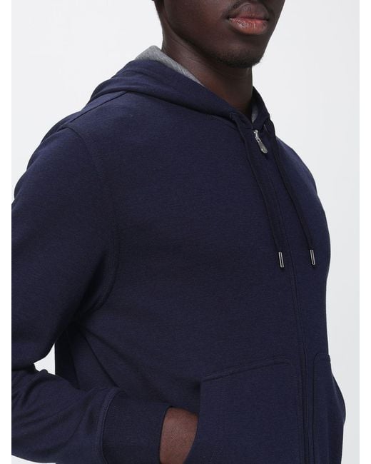 Brunello Cucinelli Blue Full-Zip Cotton Hoodie With Drawstring for men