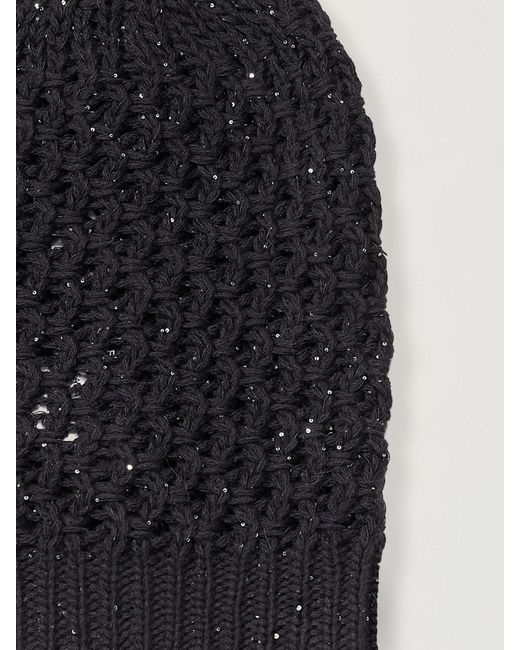 Fabiana Filippi Black Open-Knit Wool Blend Hat With Micro Sequins