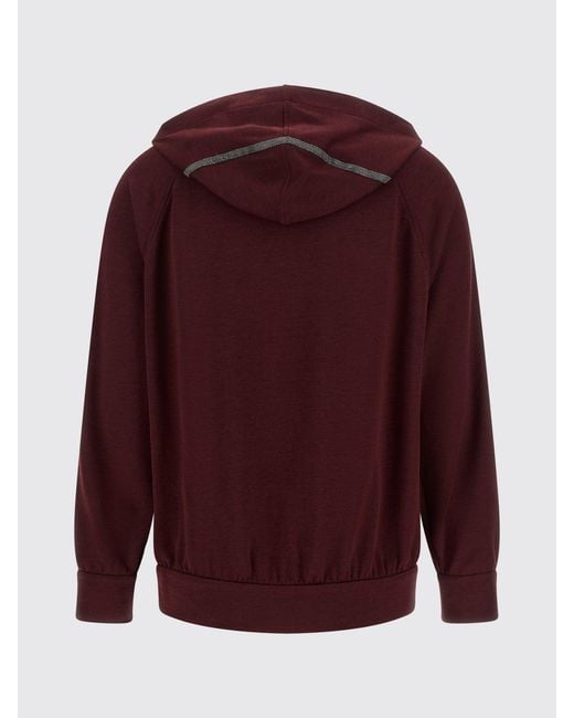 Brunello Cucinelli Red Cotton-Silk Blend Hooded Zip-Up Sweatshirt With Monili