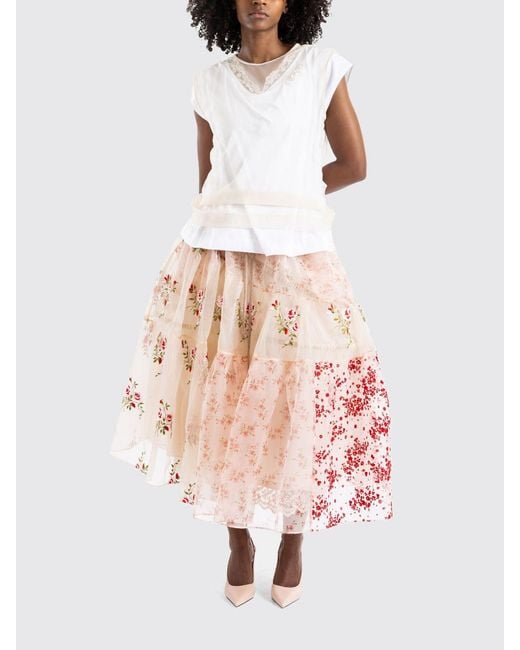 Simone Rocha White Cotton T-Shirt With Embroidered Tulle Inserts And Crystals