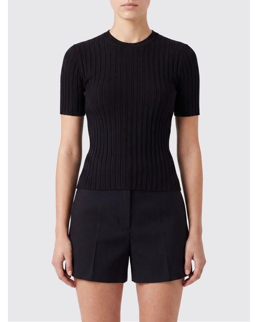 AMI Black Slim Fit Short-Sleeved Viscose Knit Top With Ribbed Trims