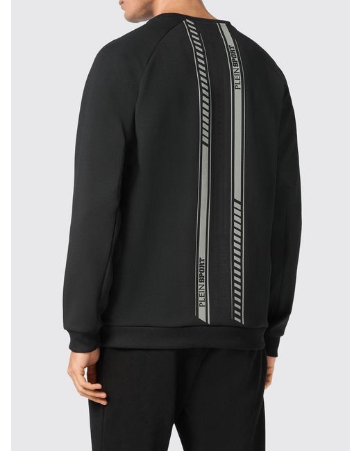 Philipp Plein Black Cotton Crewneck Sweatshirt With Zip Pockets And Logo Print for men