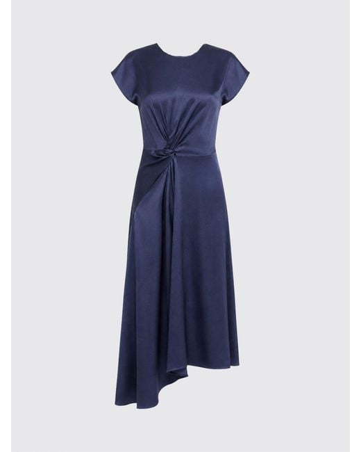 Victoria Beckham Blue Asymmetric Satin Midi Dress With Short Sleeves