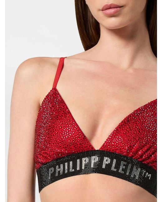 Philipp Plein Black Cropped Jersey Bralette Top With Rhinestone Logo