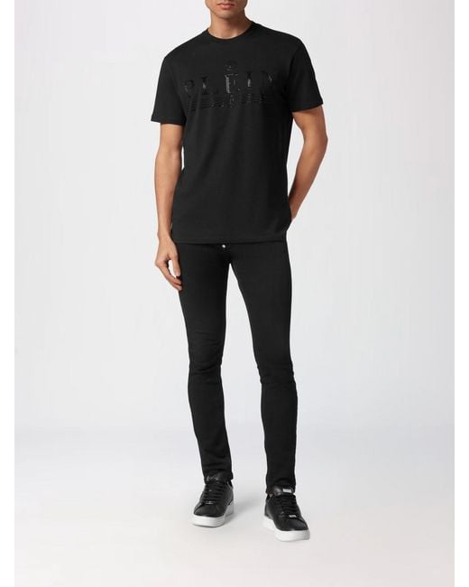 Philipp Plein Black Cotton Crew Neck T-Shirt With Rhinestone Logo Lettering for men