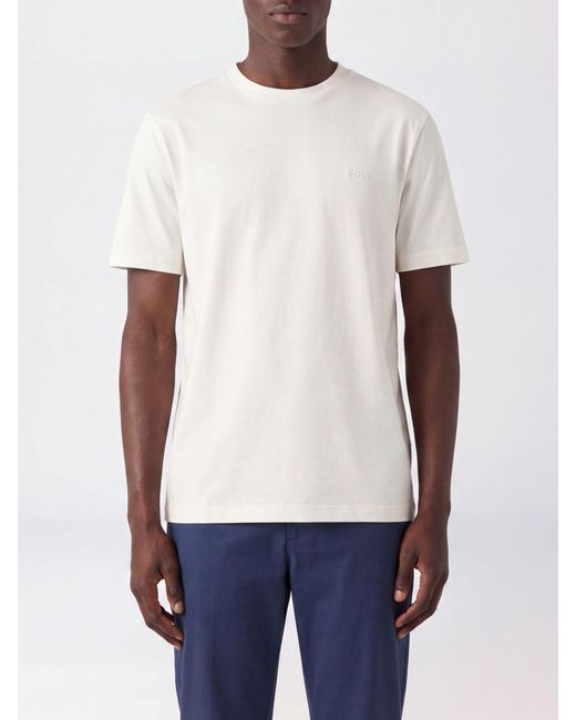 Boss White Embroidered Logo Cotton Crewneck T-Shirt for men