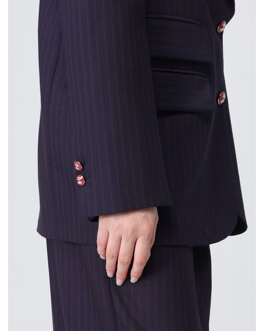Elisabetta Franchi Blue Single-Breasted Wool Blend Blazer With Pinstripe Motif