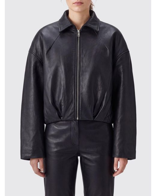 ROTATE BIRGER CHRISTENSEN Blue Cropped Relaxed-Fit Sheepskin Leather Shirt Jacket