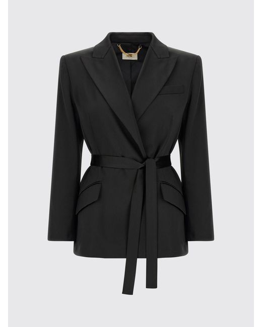 Elisabetta Franchi Black Robe-Style Jacket With Peaked Lapels And A Tie Belt