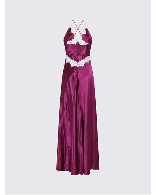 Alberta Ferretti Purple Satin And Lace Long Dress