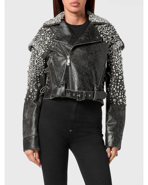 Philipp Plein Black Cropped Leather Biker Jacket With Crystals And Belt