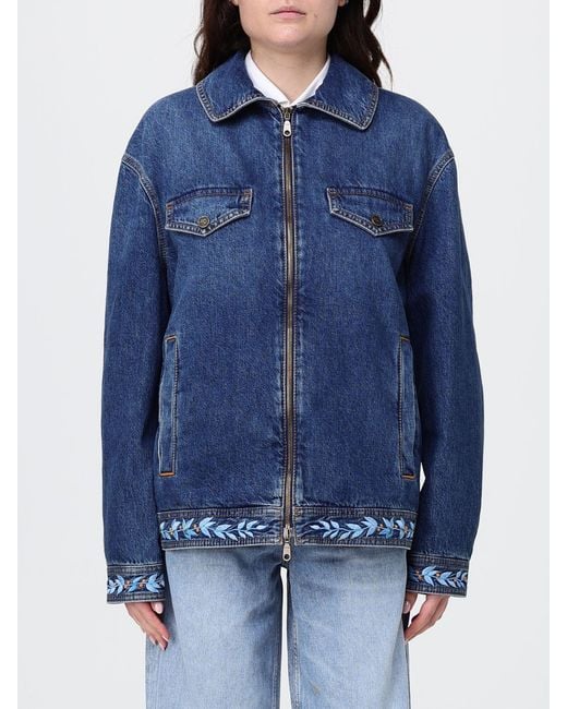 Etro Blue Cropped Embroidered Cotton Denim Jacket With Zip Closure