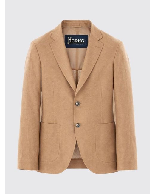 Herno Natural Elegant Single-Breasted Linen Blazer With Notch Lapels And Patch Pockets for men