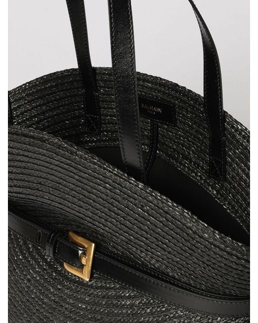 Balmain Black Shuffle Medium Raffia And Leather Bag