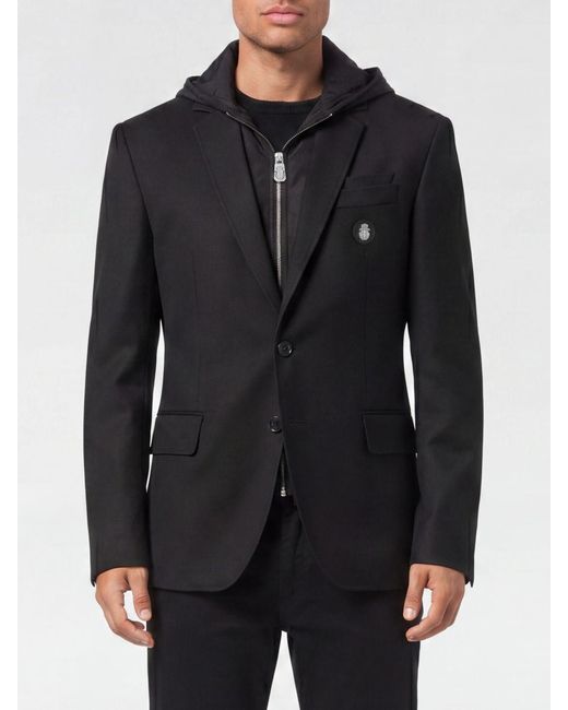 Billionaire Black Single-Breasted Hooded Blazer for men
