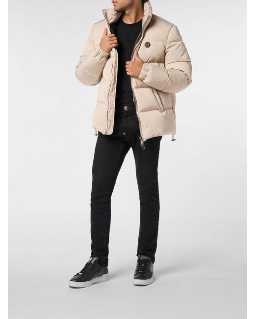 Philipp Plein Natural Nylon Down Jacket With Logo And Slogan for men