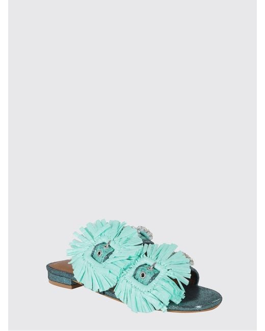 Kurt Geiger Green Low-Heeled Embroidered Raffia Sandals With Double Strap