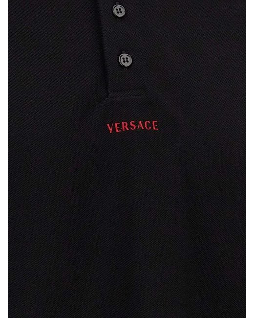 Versace Black Greca Pattern Cotton Polo Shirt With Contrast Embroidered Logo for men