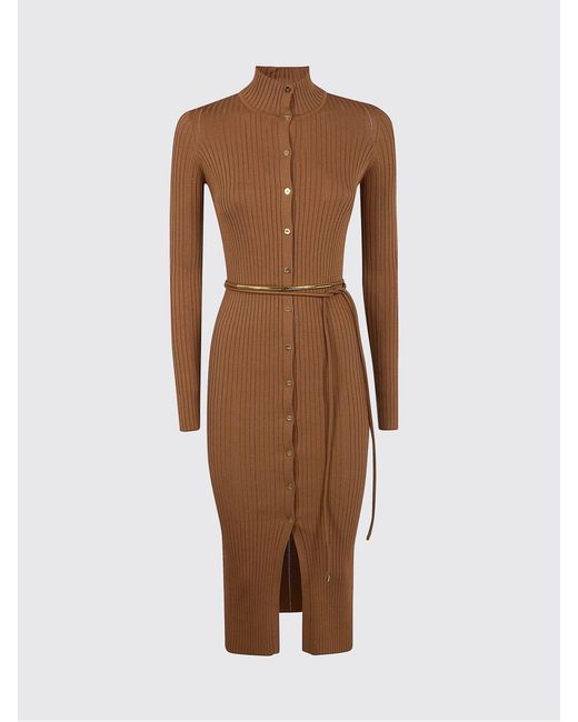 Elisabetta Franchi Brown Ribbed Knit Midi Dress With Buttons