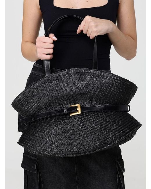 Balmain Black Shuffle Medium Raffia And Leather Bag