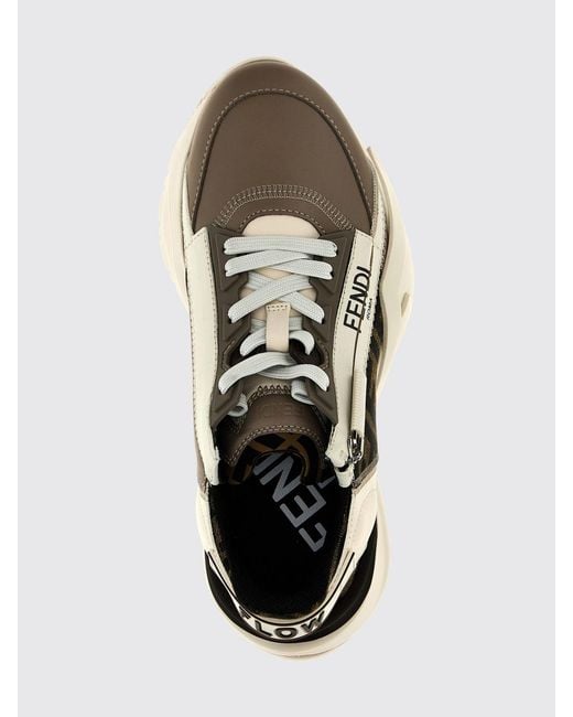 Fendi White Flow Leather And Canvas Sneakers With Jacquard Ff Monogram