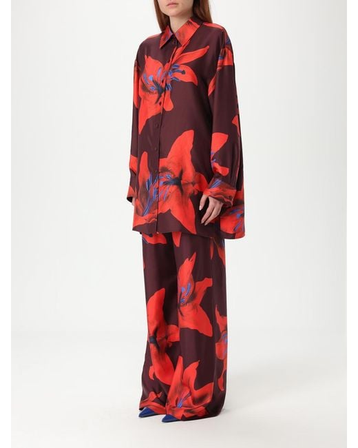 McQueen Red Silk Lily Print Wideleg Pant Set