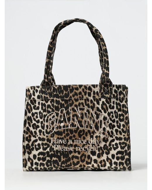 Ganni Black Animal Print Cotton Canvas Tote Bag