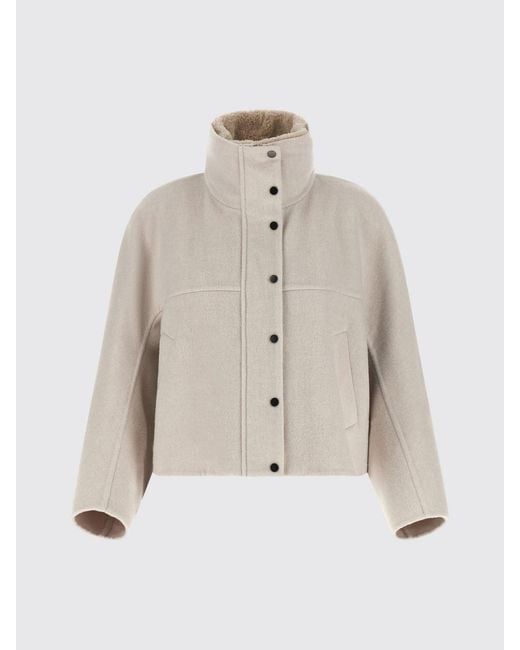 Brunello Cucinelli Natural Wool And Cashmere Short Coat With High Neck And Monili Embroidery
