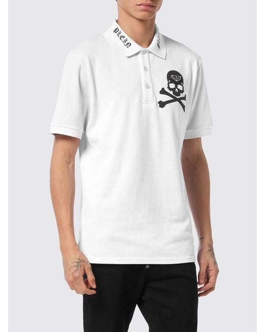 Philipp Plein White Cotton Polo Shirt With Skull Print And Hexagon Logo for men