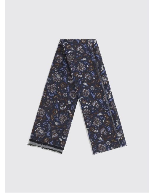 Kiton Blue Rectangular Floral Print Silk Scarf With Fringed Edges for men